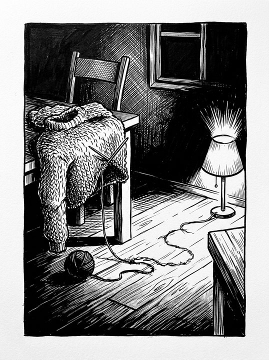 Pen-and-ink drawing: a half-knitted sweater left on a chair, its thread trailing across the floor toward a lit lamp
